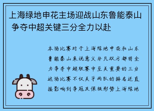 上海绿地申花主场迎战山东鲁能泰山 争夺中超关键三分全力以赴